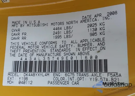 2009 Mitsubishi Eclipse Spyder Gt from USA, damaged, VIN 4A3AL35T49E011600